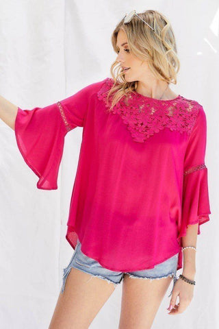 Cute Floral Mesh Lace Accent Yoke Crochet Detailed Tie-back Bell Sleeve Blouse Top Look Up Deals