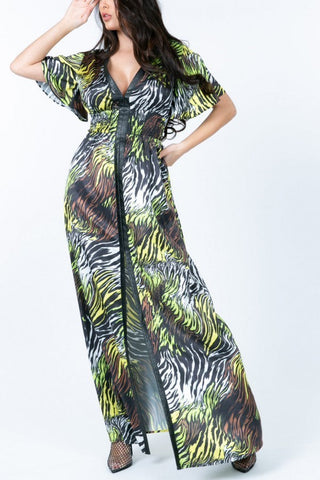 Deep V Neck Slit Zebra Print Long Dress Look Up Deals