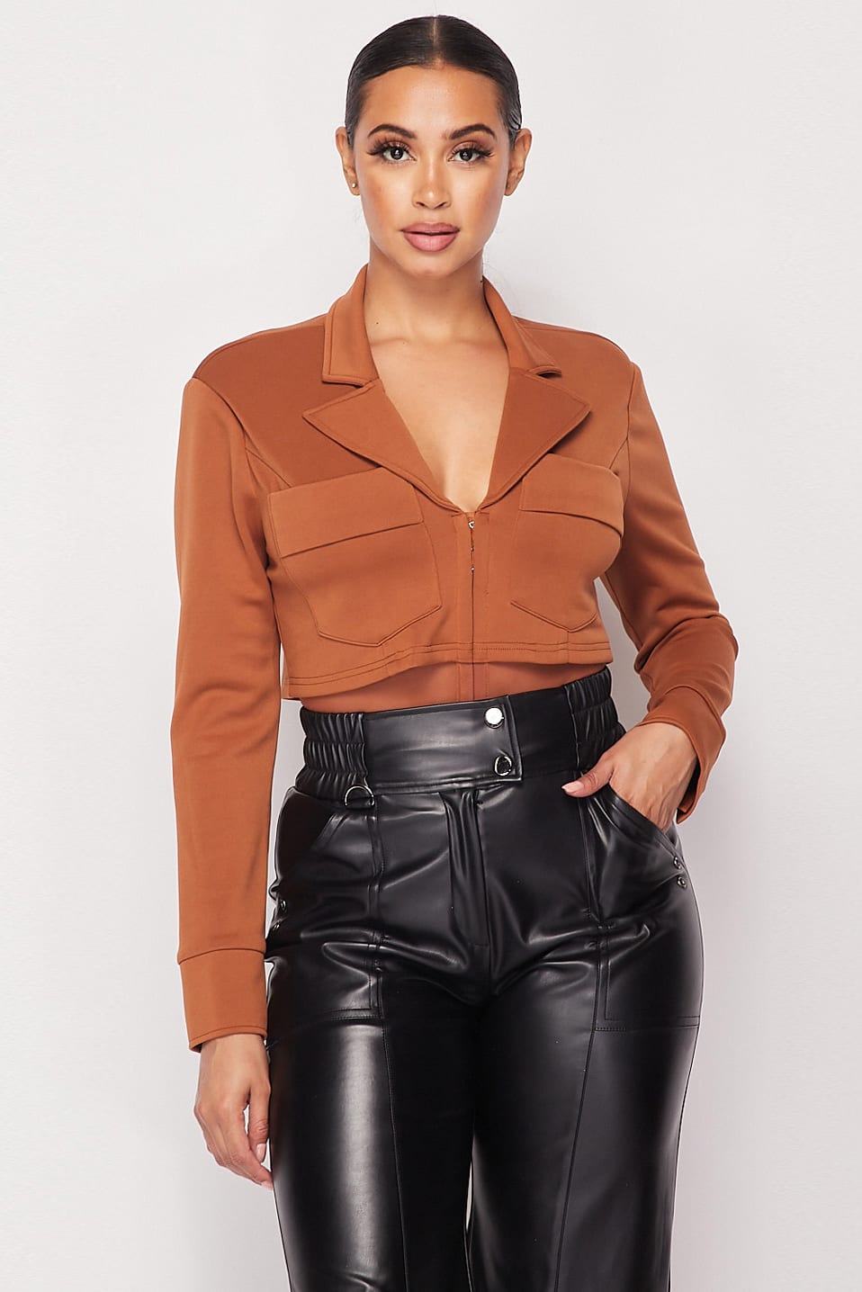 Deep-v Cropped Power Shoulder Blazer Bodysuit Look Up Deals