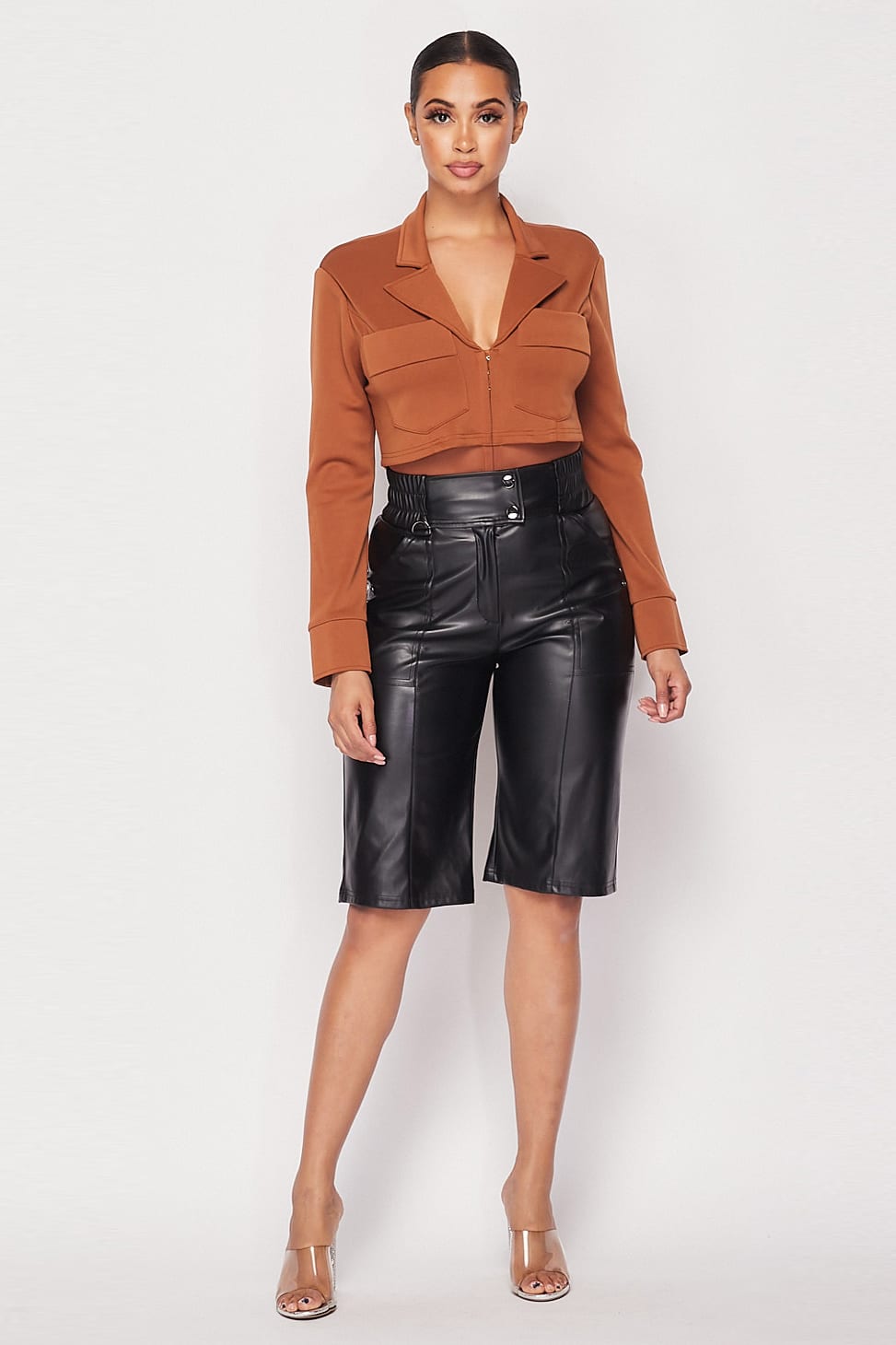 Deep-v Cropped Power Shoulder Blazer Bodysuit Look Up Deals