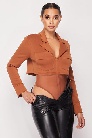 Deep-v Cropped Power Shoulder Blazer Bodysuit Look Up Deals