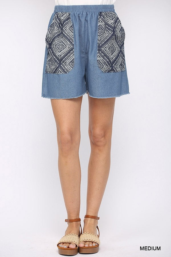 Denim And Print Pockets Elastic Waist Shorts With Raw Hem Look Up Deals