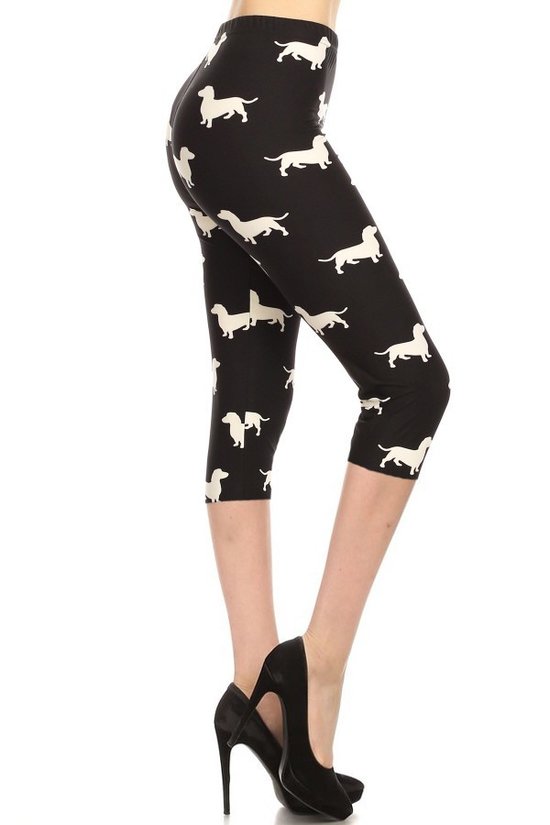 Dog Print, High Waisted Capri Leggings In A Fitted Style With An Elastic Waistband. Look Up Deals