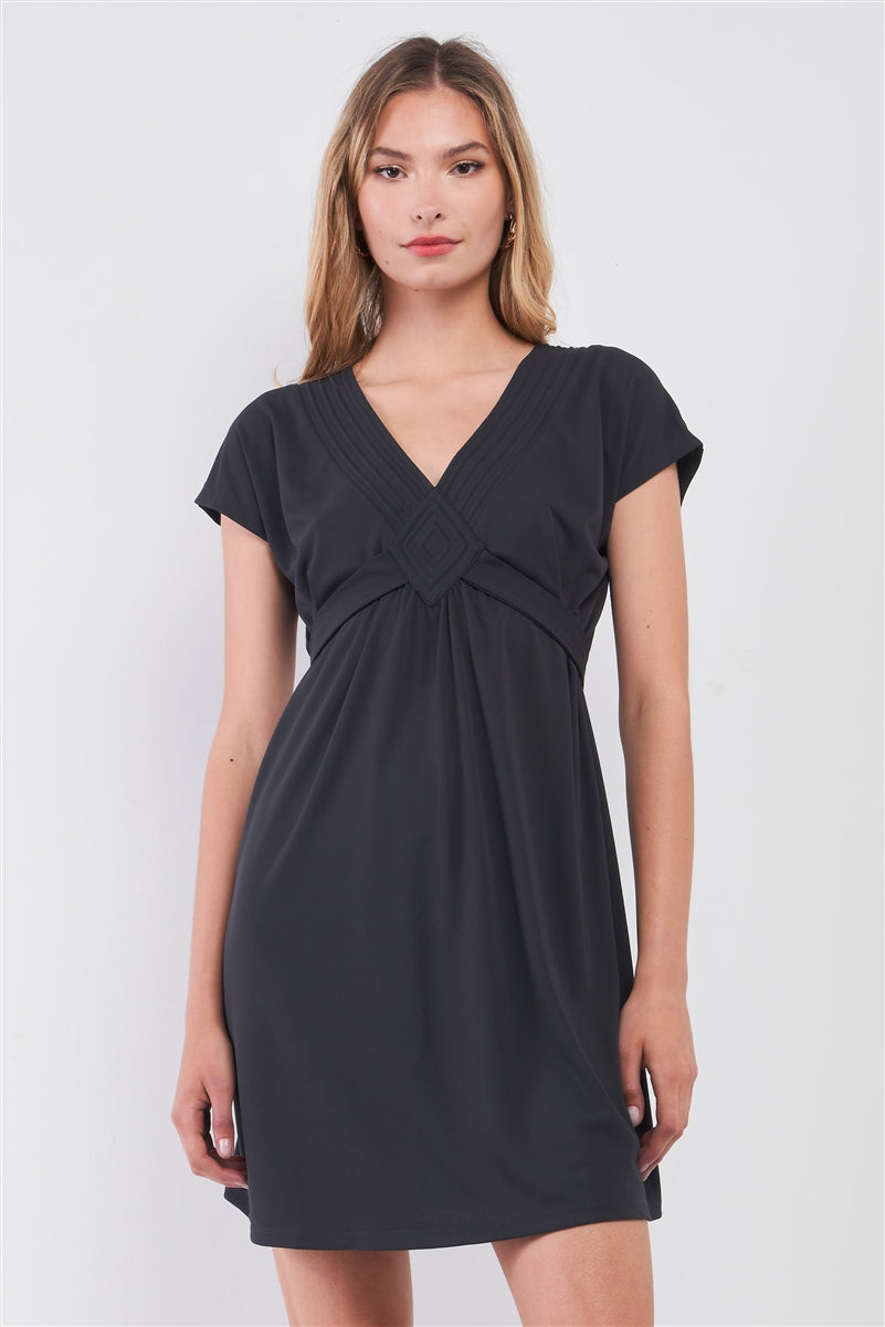 Dusty-navy V-neck Short Sleeve Front Rhombus Detail Back Tie Mini Dress Look Up Deals