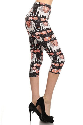 Elephants Printed, High Waisted Capri Leggings In A Fitted Style With An Elastic Waistband Look Up Deals