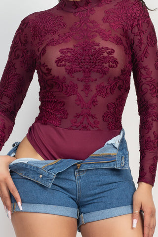 Embroidered Mock Neck Keyhole Bodysuit Look Up Deals