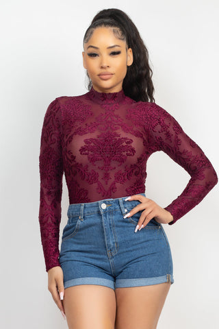 Embroidered Mock Neck Keyhole Bodysuit Look Up Deals