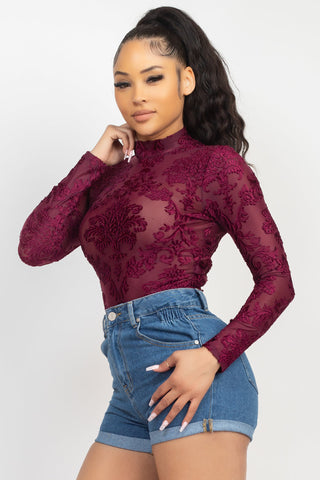 Embroidered Mock Neck Keyhole Bodysuit Look Up Deals