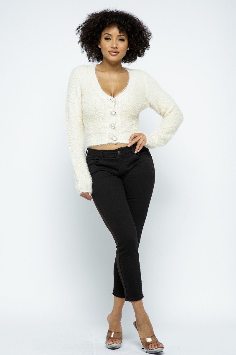 Eyelash Knit Cropped Cardigan With Pearl Button Details Look Up Deals