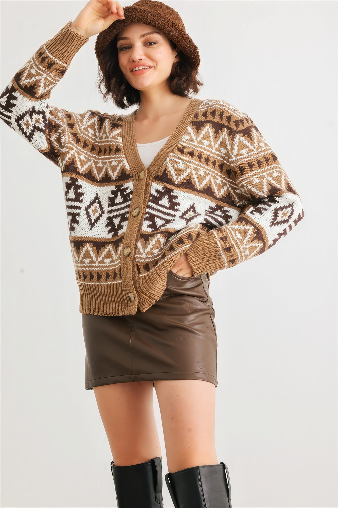 Fair Isle Knit Button-up Long Sleeve Cardigan Sweater Look Up Deals