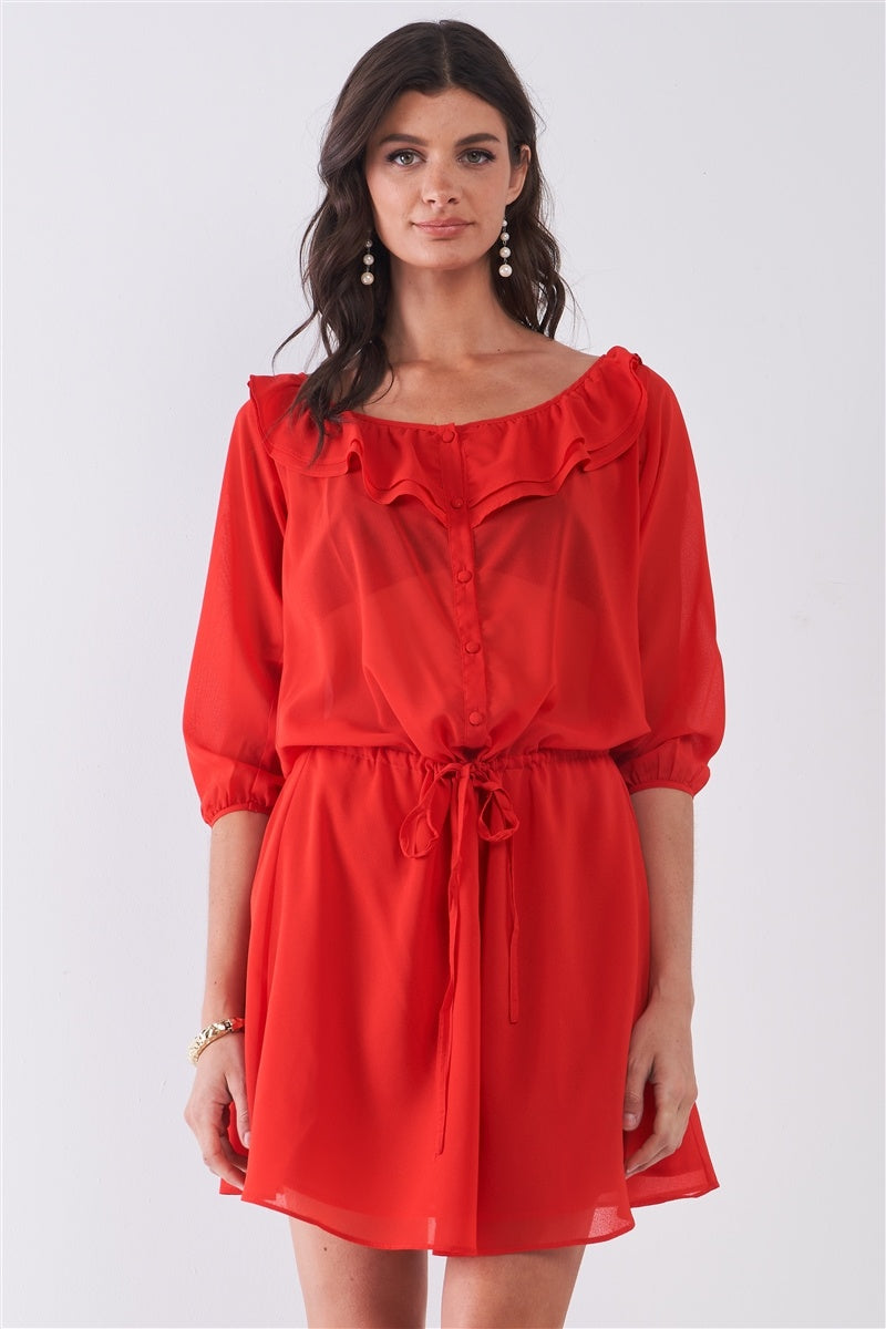 Flame Red Boat Neck Ruffle Collar Midi Sleeve Self-tie Waist Front Button Down Mini Dress Look Up Deals