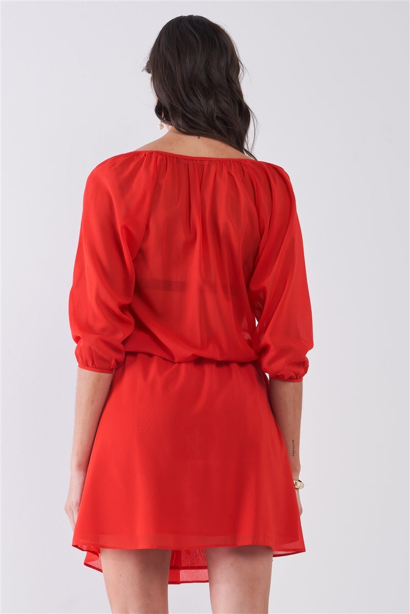 Flame Red Boat Neck Ruffle Collar Midi Sleeve Self-tie Waist Front Button Down Mini Dress Look Up Deals