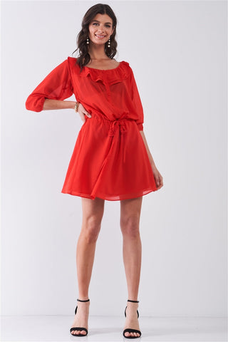 Flame Red Boat Neck Ruffle Collar Midi Sleeve Self-tie Waist Front Button Down Mini Dress Look Up Deals