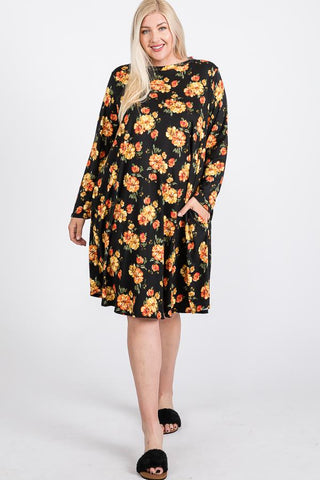 Floral Mock Neck Hidden Pocket Round Hem Midi Dress Look Up Deals