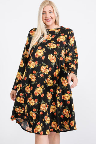 Floral Mock Neck Hidden Pocket Round Hem Midi Dress Look Up Deals