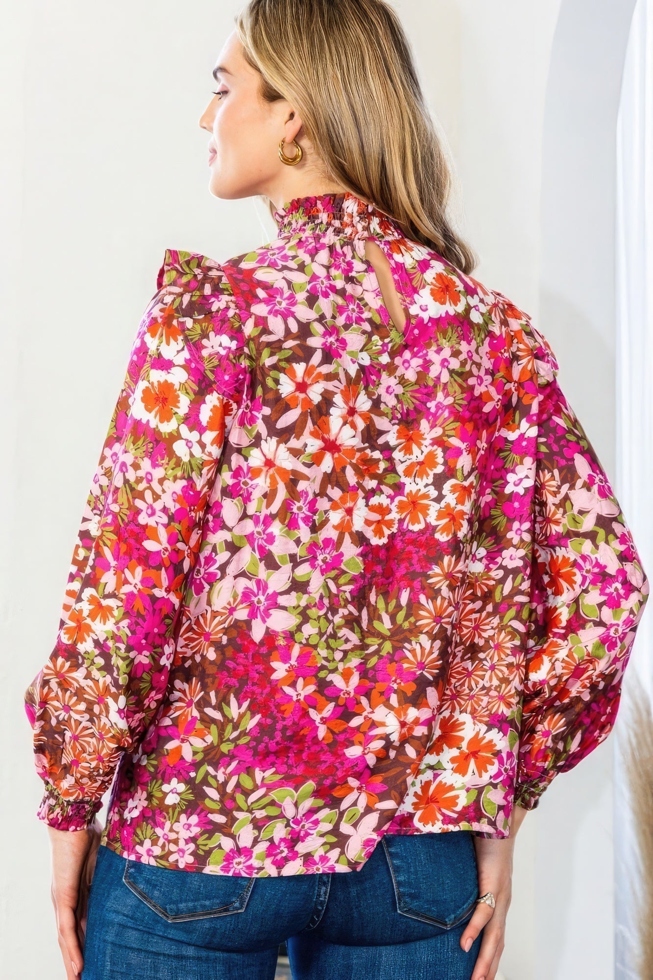 Floral Mock Neck Smocked Yoke Blouse Look Up Deals