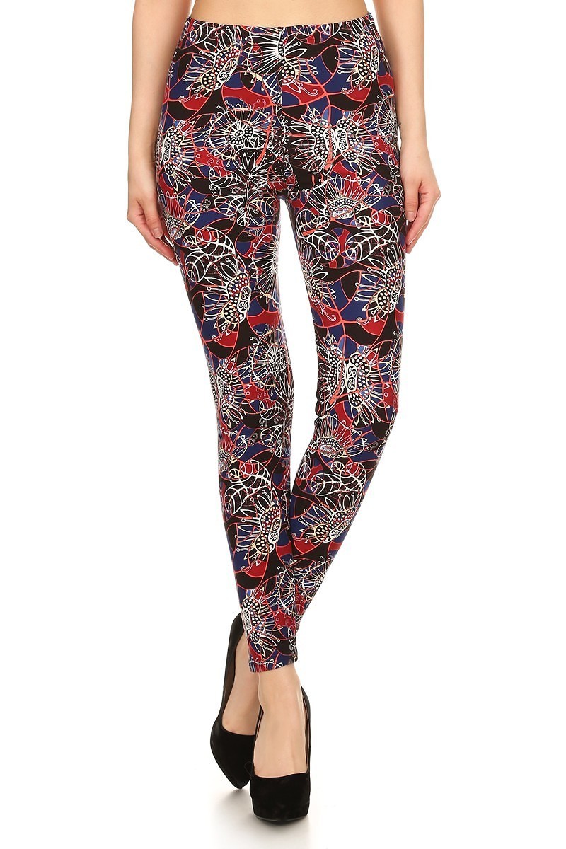 Floral Print High Waist Basic Solid Leggings With 1 Elastic Waistband Look Up Deals