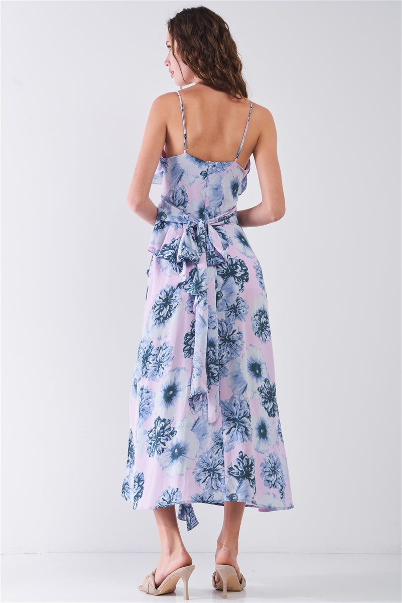 Floral Print Sleeveless Self-tie Wide Wrap Front Ruffle Hem Side Slit Detail Midi Dress Look Up Deals