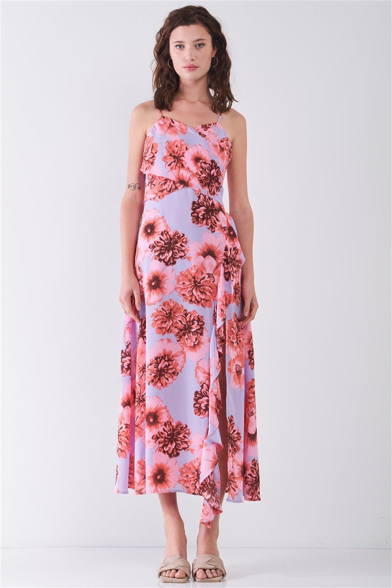 Floral Print Sleeveless Self-tie Wide Wrap Front Ruffle Hem Side Slit Detail Midi Dress Look Up Deals