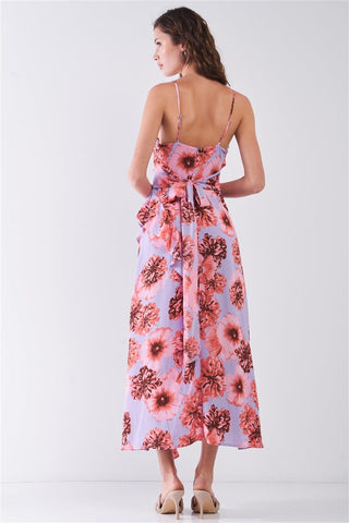 Floral Print Sleeveless Self-tie Wide Wrap Front Ruffle Hem Side Slit Detail Midi Dress Look Up Deals