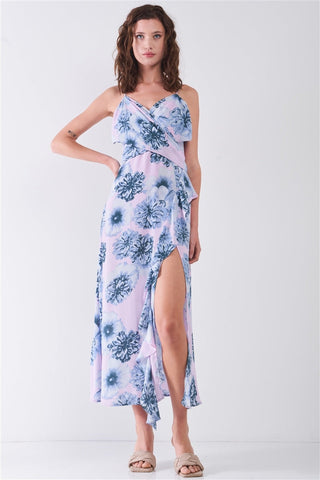 Floral Print Sleeveless Self-tie Wide Wrap Front Ruffle Hem Side Slit Detail Midi Dress Look Up Deals