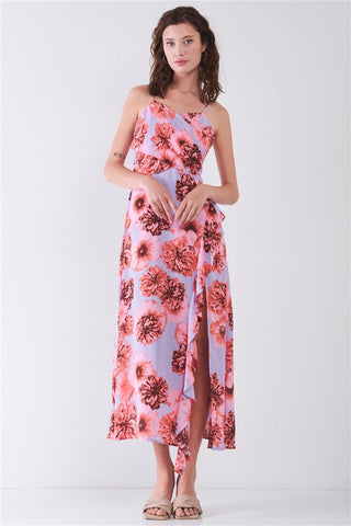 Floral Print Sleeveless Self-tie Wide Wrap Front Ruffle Hem Side Slit Detail Midi Dress Look Up Deals