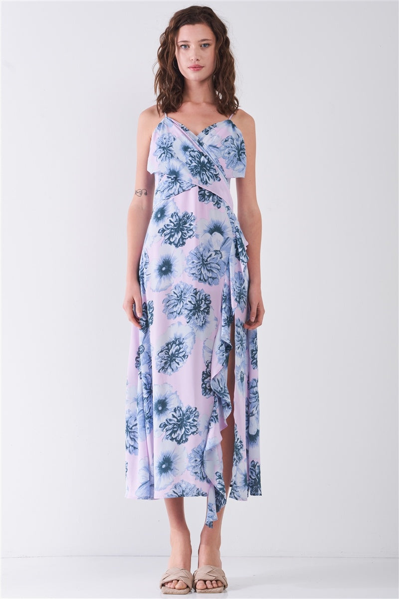 Floral Print Sleeveless Self-tie Wide Wrap Front Ruffle Hem Side Slit Detail Midi Dress Look Up Deals