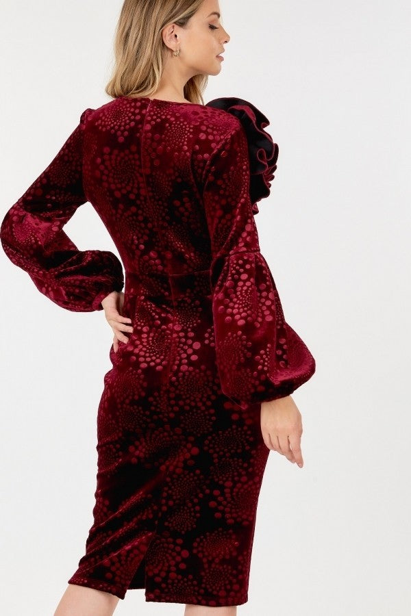 Flower Patch Flocked Velvet Fitted Midi Dress With Puff Sleeves Look Up Deals