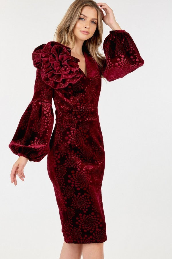 Flower Patch Flocked Velvet Fitted Midi Dress With Puff Sleeves Look Up Deals