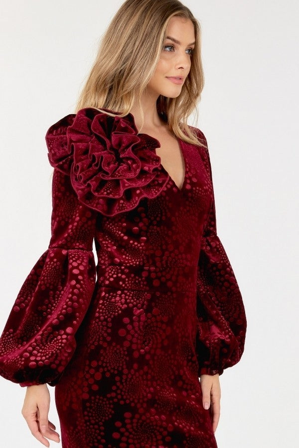 Flower Patch Flocked Velvet Fitted Midi Dress With Puff Sleeves Look Up Deals