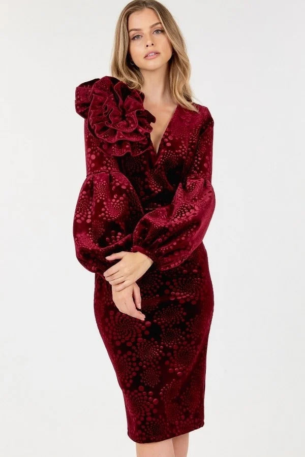 Flower Patch Flocked Velvet Fitted Midi Dress With Puff Sleeves Look Up Deals