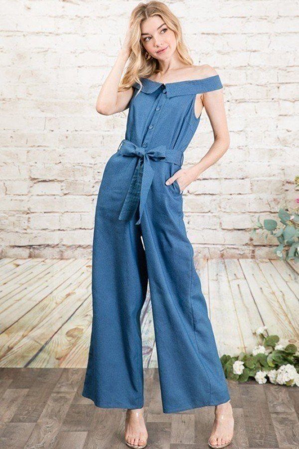 Fold-over Collar Detailed Button Down Off-shoulder Chambray Denim Wide Leg Palazzo Jumpsuit With Waist Tie Look Up Deals