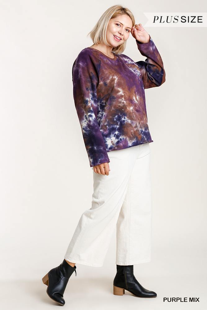 French Terry Tie-dye Raglan Long Sleeve Top With Raw Hem Look Up Deals