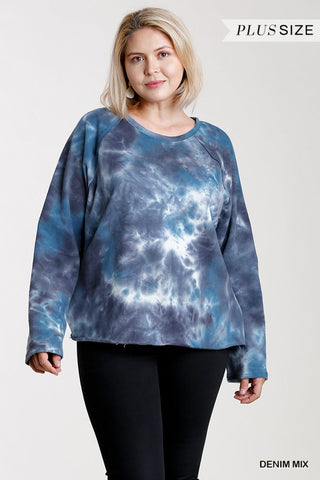 French Terry Tie-dye Raglan Long Sleeve Top With Raw Hem Look Up Deals