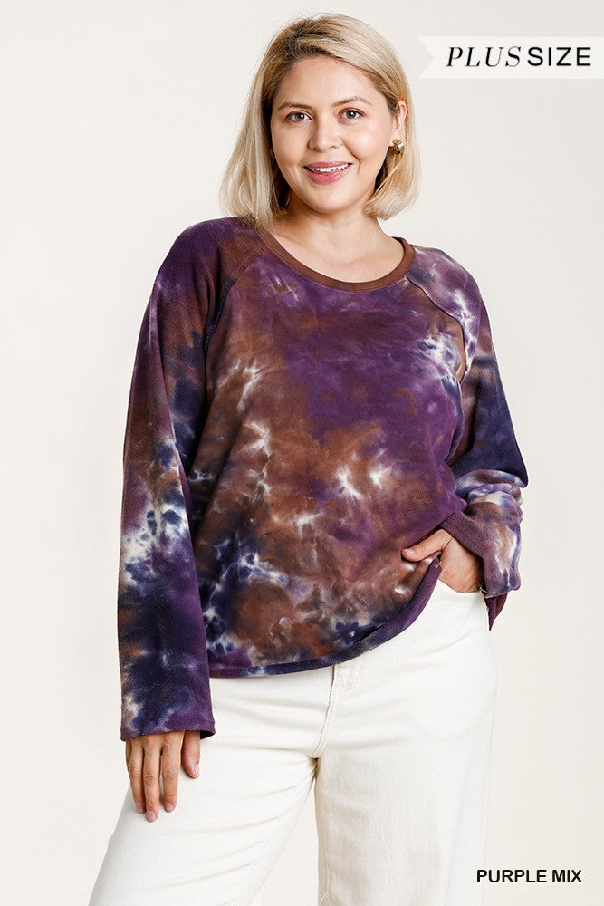 French Terry Tie-dye Raglan Long Sleeve Top With Raw Hem Look Up Deals