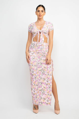 Front Knot Floral Top & Ruched Maxi Skirts Set Look Up Deals