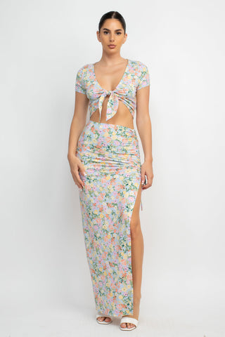 Front Knot Floral Top & Ruched Maxi Skirts Set Look Up Deals