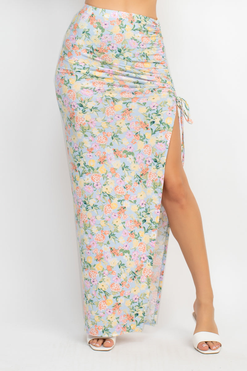 Front Knot Floral Top & Ruched Maxi Skirts Set Look Up Deals