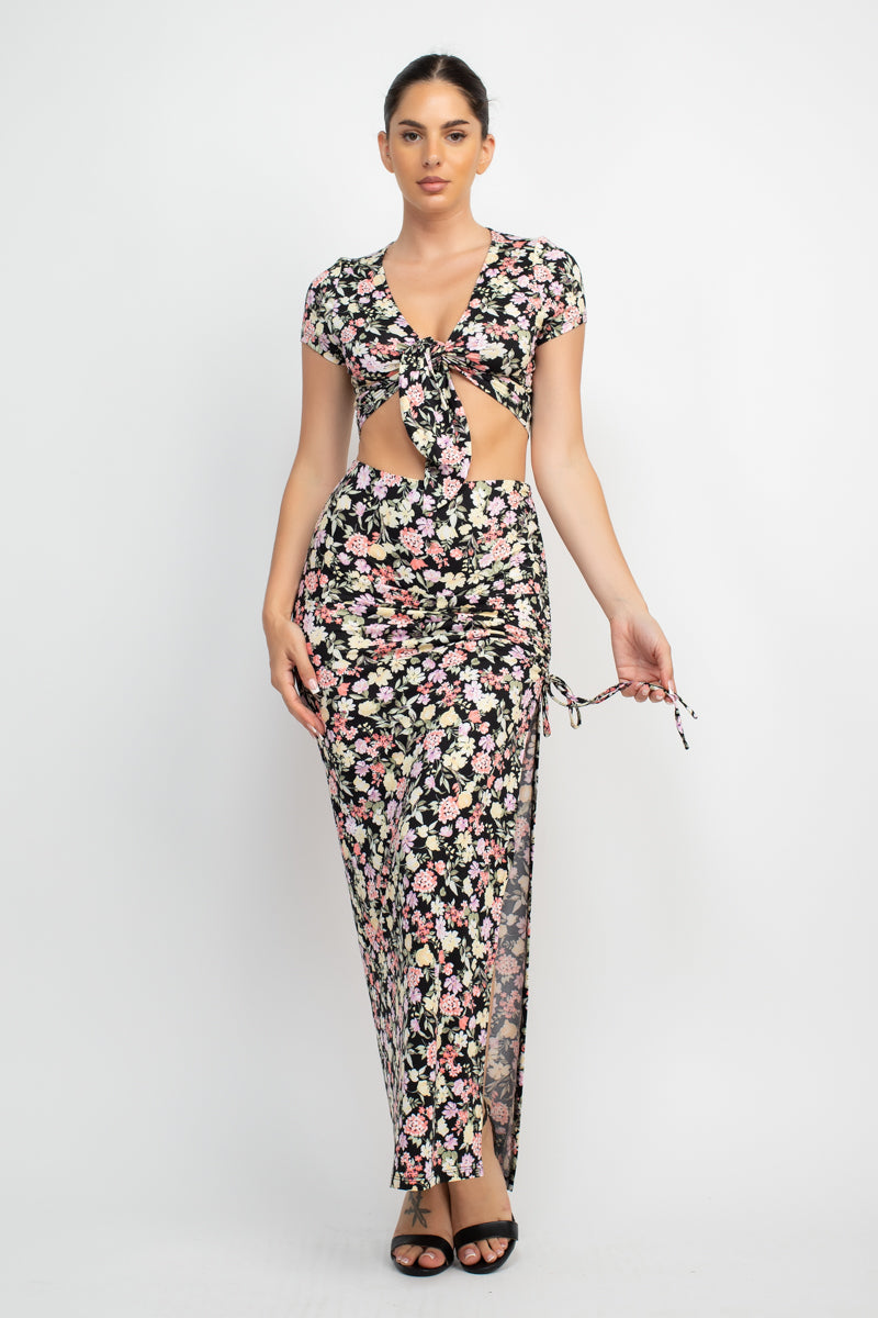 Front Knot Floral Top & Ruched Maxi Skirts Set Look Up Deals