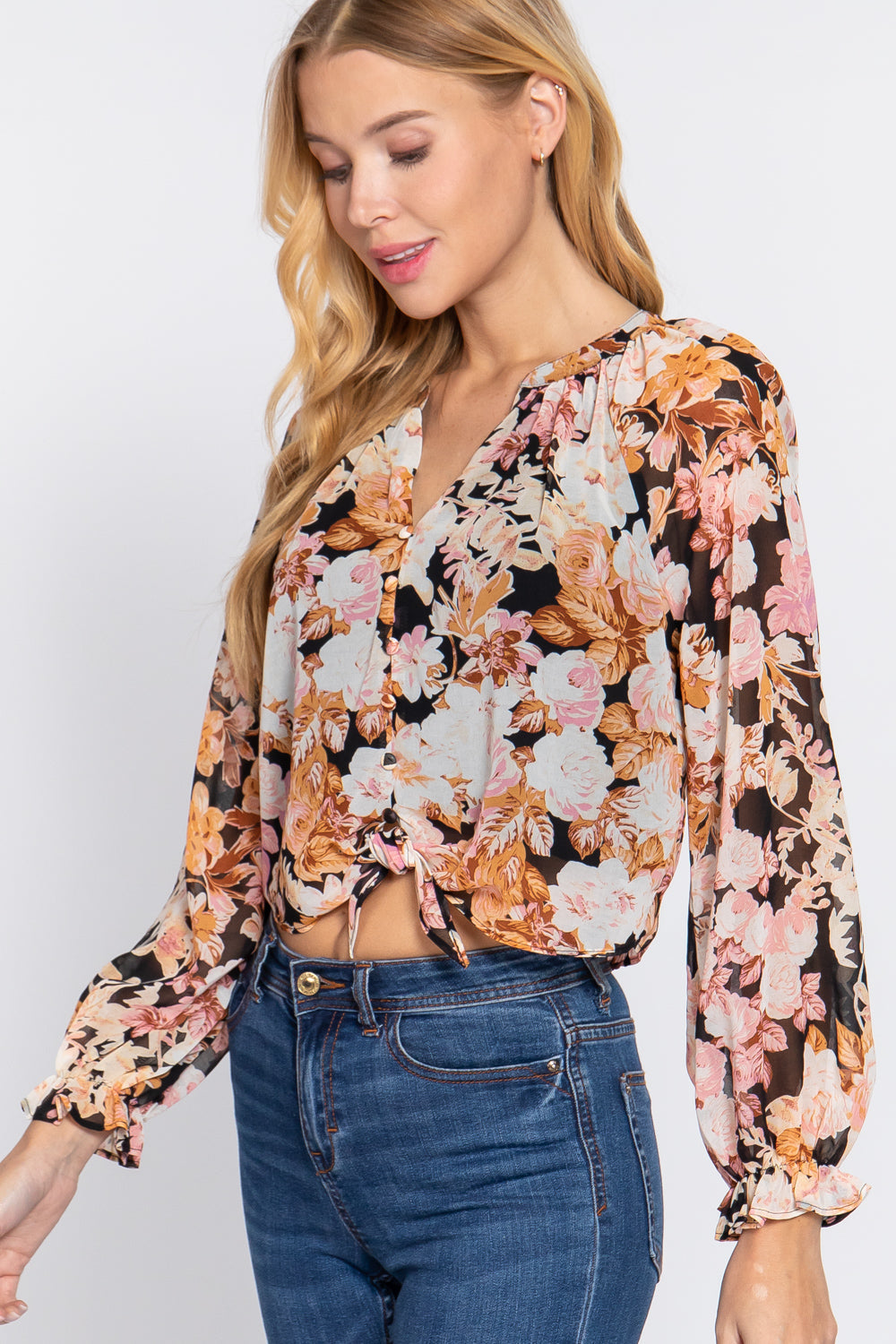 Front Tie Detail Print Woven Blouse Look Up Deals