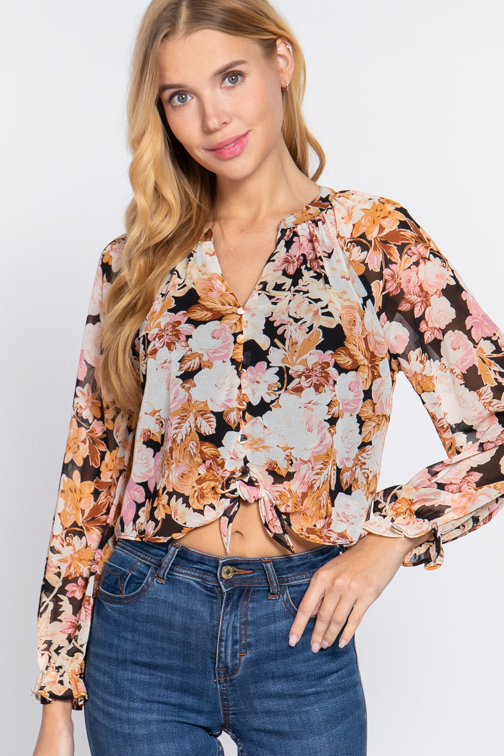 Front Tie Detail Print Woven Blouse Look Up Deals