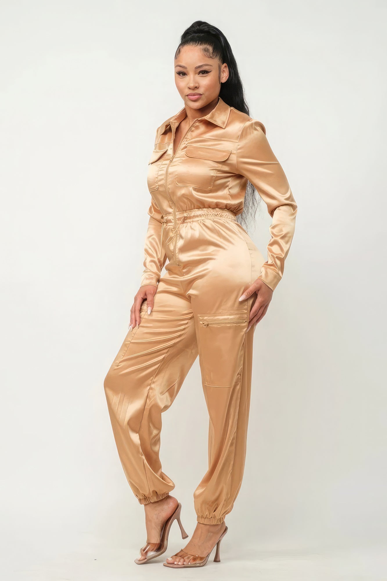 Front Zipper Pockets Top And Pants Jumpsuit Look Up Deals