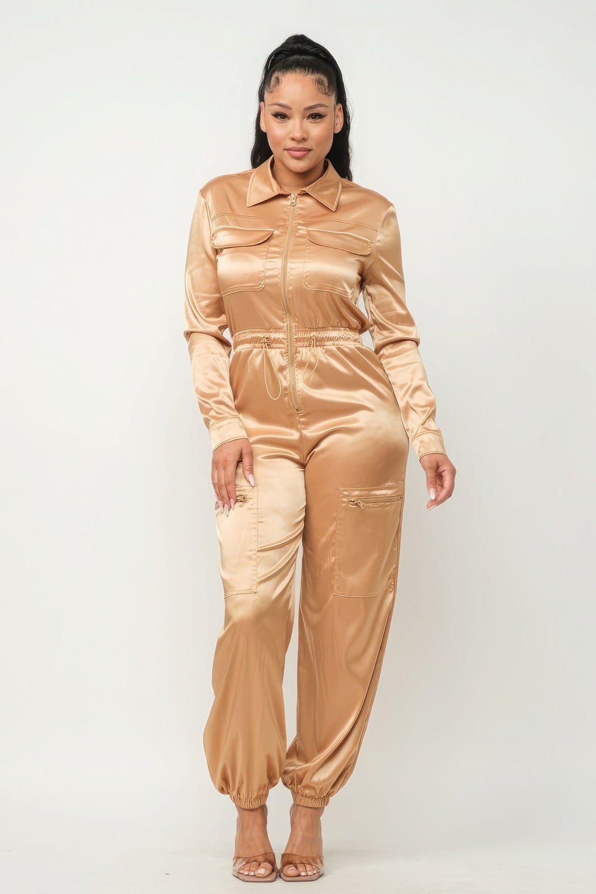 Front Zipper Pockets Top And Pants Jumpsuit Look Up Deals