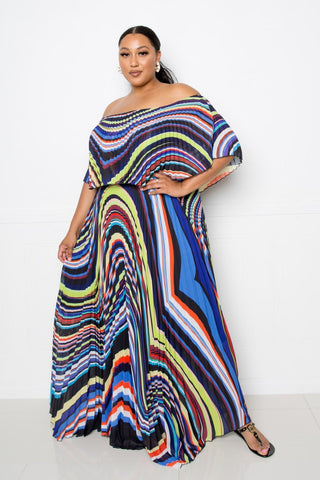 Geo Printed Off Shoulder Pleated Maxi Dress Look Up Deals