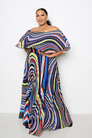 Geo Printed Off Shoulder Pleated Maxi Dress Look Up Deals