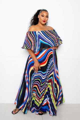 Geo Printed Off Shoulder Pleated Maxi Dress Look Up Deals