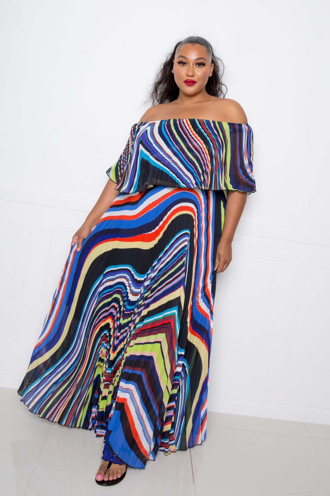 Geo Printed Off Shoulder Pleated Maxi Dress Look Up Deals