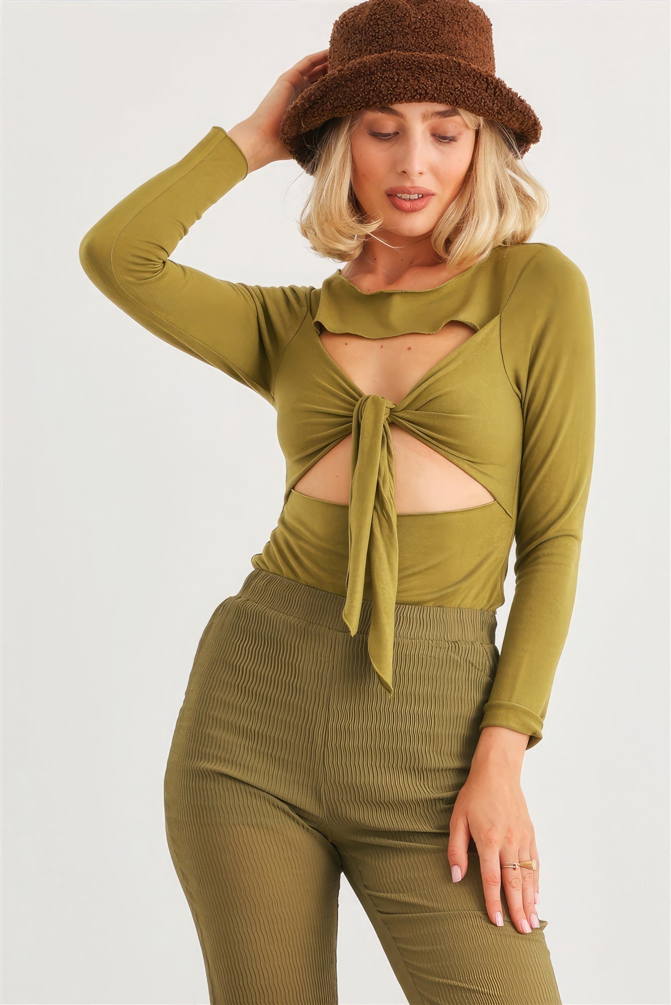 Green Cut-out Tie Knit Long Sleeve Bodysuit Look Up Deals