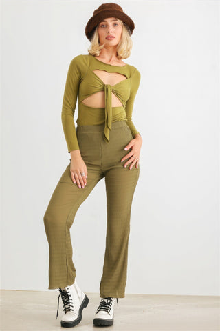 Green Cut-out Tie Knit Long Sleeve Bodysuit Look Up Deals