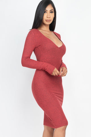 Hacci Brushed Knit V Neck Bodycon Dress Look Up Deals